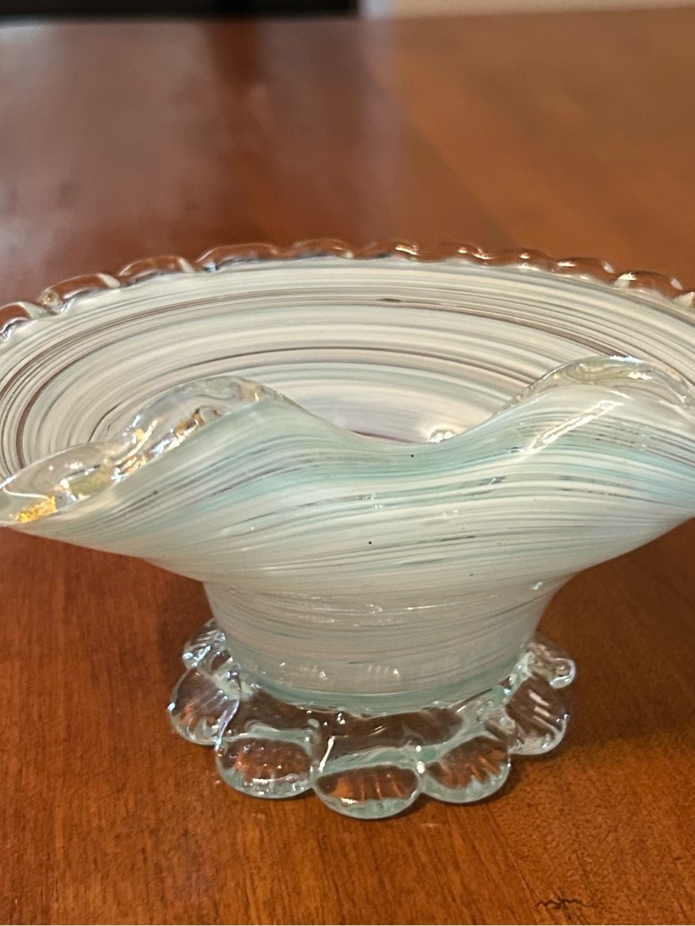 Vintage Aqua Swirl Art Glass Footed Trinket Bowl Gold Aventurine Flecks